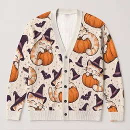 Whimsical Cat Hugging Pumpkin Halloween Cozy Autumn Gift For Cat Lovers Women All-over Print Knitted Cardigan
