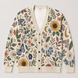 Floral Butterfly Moon Botanical Motifs For Autumn Layering In Casual Women's Style All-over Print Knitted Cardigan