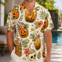 Pumpkin Skull Tropical Cocktails for Halloween Parties and Island Nightlife for Men Hawaiian Shirt