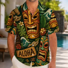 Retro Tiki Masks and Aloha Motifs for Beach Parties and Island Vacation Style Men Hawaiian Shirt