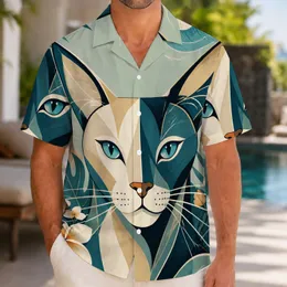 Geometric Teal Cat Portrait For Resort Evenings And Creative Streetwear For Men Hawaiian Shirt