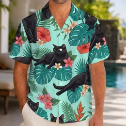 Black Cat Tropical Blooms for Summer Beach Getaways and Island Vacation Gift Ideas Hawaiian Shirt