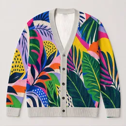 Abstract Botanical Color Blocks for Everyday Layering, Colorful Style for Modern Women All-over Print Knitted Cardigan