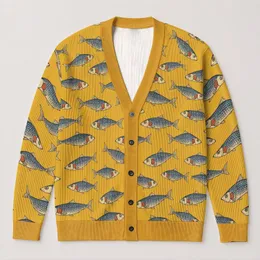Vintage Blue Fish Motif for Relaxed Coastal Layering and Everyday Weekend Outings All-over Print Knitted Cardigan