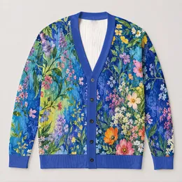 Painterly Blue Wildflower Meadow for Relaxed Autumn Layering, Women's Everyday Style All-over Print Knitted Cardigan