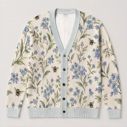 Blue Wildflower And Bumblebee Botanical Motif For Everyday Layering, Women’s Casual All-over Print Knitted Cardigan