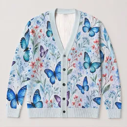 Blue Butterfly Floral Bohemian Style for Relaxed Everyday Layering and Weekend Wear All-over Print Knitted Cardigan