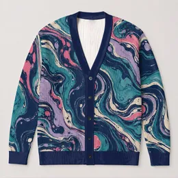 Teal Pink Navy Marbled Waves for Everyday Layering and Creative Women’s Street Style All-over Print Knitted Cardigan