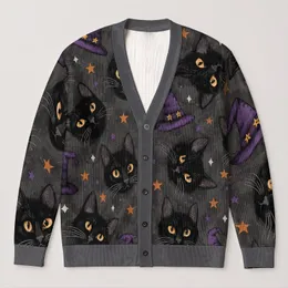 Black Cat Witch Hat Motifs For Cozy Autumn Layering And Halloween Gatherings, Women All-over Print Knitted Cardigan