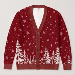 Burgundy Snowy Pine Forest Winter Holiday Style For Cozy Everyday Layering Wear All-over Print Knitted Cardigan