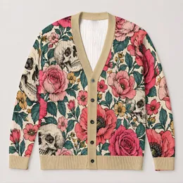 Rose Floral Skull Motif For Bold Everyday Layering, Women's Dark Botanical Style All-over Print Knitted Cardigan