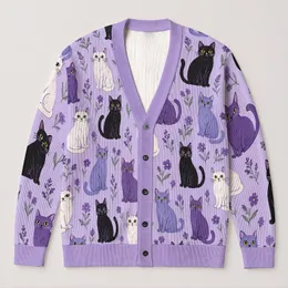 Lavender Cat Companions for Cozy Winter Layering and Relaxed Everyday Style for Women All-over Print Knitted Cardigan