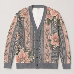 Pastel Floral and Christmas Tree Motif for Cozy Holiday Layering and Everyday Style All-over Print Knitted Cardigan