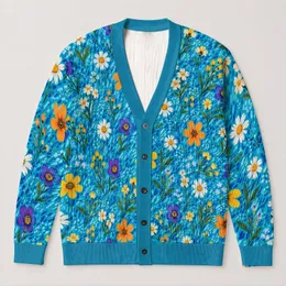 Turquoise Wildflower Sprigs for Colorful Autumn Layering and Everyday Women's Style All-over Print Knitted Cardigan