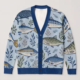 Blue Coastal Fish Motifs for Relaxed Seaside Layering, Beach Days, and Weekend Wear All-over Print Knitted Cardigan