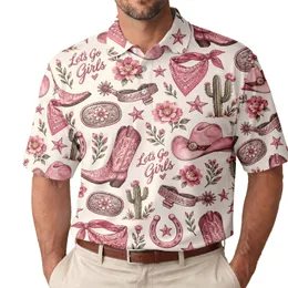 Pink Western Cowgirl Boots And Cactus Outfit For Summer Vacation Golfing Women Travelers Men's Polo Shirt