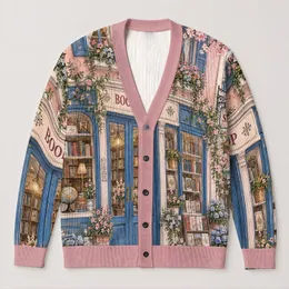 Cherry Blossom Bookstore Scene for Cozy Reading Days, Study Nooks, and Layering All-over Print Knitted Cardigan