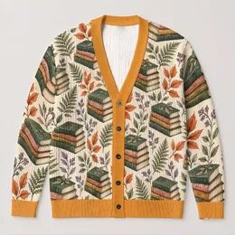 Stacked Books and Autumn Foliage for Cozy Library Weekends and Everyday Layering Style All-over Print Knitted Cardigan