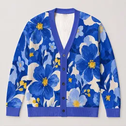 Cobalt Blue Floral Blossoms with Golden Accents for Everyday Spring Layering Women All-over Print Knitted Cardigan