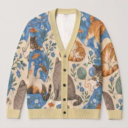 Playful Cat and Fish Motifs for Relaxed Outings, Casual Dates, and Everyday Style All-over Print Knitted Cardigan