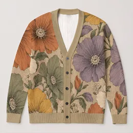 Autumn Floral Oatmeal Botanical Style for Everyday Layering and Relaxed Weekend Outings All-over Print Knitted Cardigan