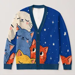 Sleeping Cat Starry Sky Scene for Cozy Lounging and Relaxed Weekend Home Comfort All-over Print Knitted Cardigan
