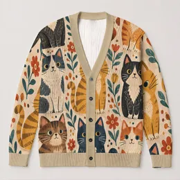 Nine Cat Portraits In Folk Colors For Cozy Everyday Layering And Playful Women's Style All-over Print Knitted Cardigan