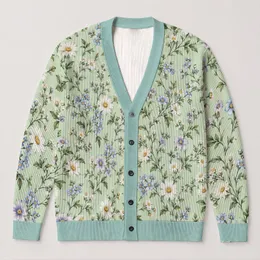 Fresh Mint Daisy Botanical Blooms for Relaxed Autumn Layering, Women's Everyday Style All-over Print Knitted Cardigan