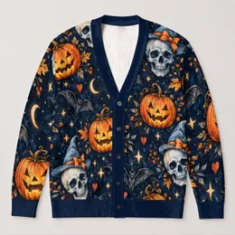 Pumpkin Skull Bat Halloween Style for Spooky Fall Everyday Layering and Plus Size Women All-over Print Knitted Cardigan