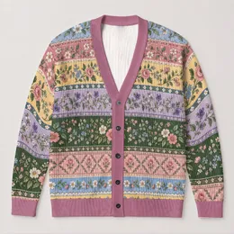 Pastel Floral Stripes for Everyday Autumn Layering and Cottagecore Women's Wardrobes All-over Print Knitted Cardigan