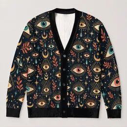 All-Seeing Eye Motif for Everyday Layering and Boho Streetwear, Men’s Mystical Style All-over Print Knitted Cardigan