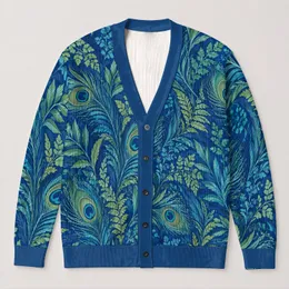 Blue Peacock Feather Botanical Foliage for Elegant Fall Layering and Everyday Style All-over Print Knitted Cardigan