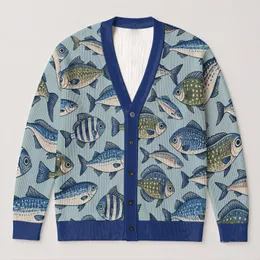 Blue Fish Motif For Relaxed Coastal Layering And Everyday Seaside Style For Women All-over Print Knitted Cardigan