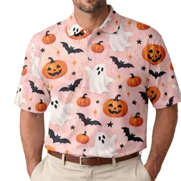 Pink Halloween Ghost Pumpkin Bats for Spooky Season Parties and Fall Festival Fun Men's Polo Shirt