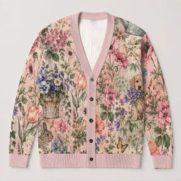 Watercolor Botanical Garden Collage for Relaxed Everyday Layering and Weekend Wear All-over Print Knitted Cardigan