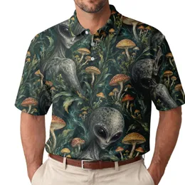 Gray Alien Mushroom Forest Theme Gift for Sci-Fi Lovers, UFO Enthusiasts, and Gamers Men's Polo Shirt