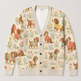Dress-Up Puppy Dogs in Colorful Sweaters for Cozy Casual Layering, Women’s Style All-over Print Knitted Cardigan