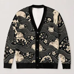 Cream Cat Wave Motifs for Relaxed Everyday Layering, Modern Feline Style for Men All-over Print Knitted Cardigan