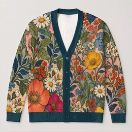 Retro Wildflower Garden Motifs for Relaxed Everyday Layering and Bohemian Weekend Style All-over Print Knitted Cardigan