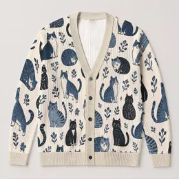 Playful Navy Cat Motifs For Cozy Autumn Layering And Everyday Casual Weekend Outings All-over Print Knitted Cardigan