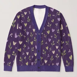Purple Hearts and Botanical Sprigs for Cozy Everyday Layering and Weekend Outings All-over Print Knitted Cardigan