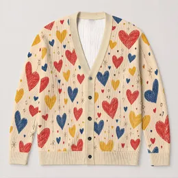 Hand-Drawn Heart Motifs for Everyday Layering, Weekend Outings, and Sweet Gift Style All-over Print Knitted Cardigan