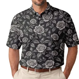 Black Rose Outline Floral Style for Golf, Travel, and Evening Casual Wear Gift Idea Men's Polo Shirt