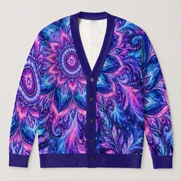 Kaleidoscopic Mandala Floral Motif for Bohemian Everyday Layering, Women’s Style All-over Print Knitted Cardigan
