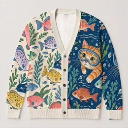 Diving Cat And Colorful Fish For Casual Coastal Layering Women’s Everyday Outfits All-over Print Knitted Cardigan
