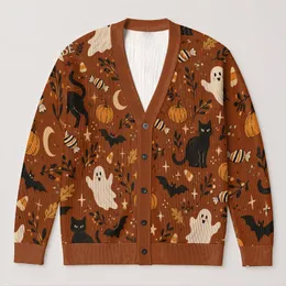 Spooky Ghosts, Black Cats And Autumn Motifs For Halloween Layering, Women's Style All-over Print Knitted Cardigan