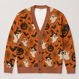 Halloween Pumpkin Ghost Bat Jack-O-Lanterns For Festive Autumn Layering Women’s Casual All-over Print Knitted Cardigan