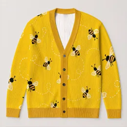 Golden Bee Motif for Casual Layering and Garden Days, Women's Nature-Inspired Style All-over Print Knitted Cardigan