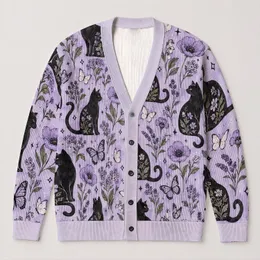 Black Cat Butterfly Floral Motif For Whimsical Everyday Layering And Cat Lover Gifting All-over Print Knitted Cardigan