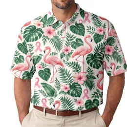 Pink Flamingo Tropical Ribbon Leaves For Cancer Awareness Golf And Tennis Support Men's Polo Shirt